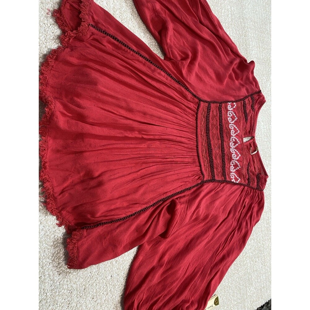 Free People Red Boho Embroidered Lace Peasant Top Women’s Size S/p - Picture 14 of 16